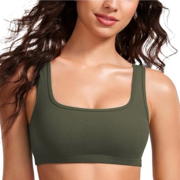 CRZ YOGA Olive Green Ribbed Square Neck Sports Bra L - Picture 1 of 7